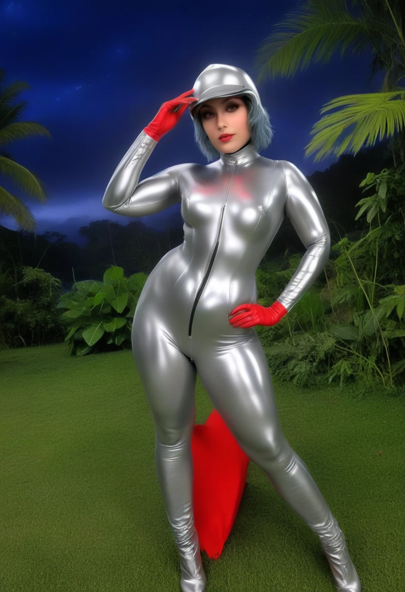 zPDXL, source_anime, BREAK slave Trilla, helmet with red translucent visor, , armor, silver gloves,((tight silver bodysuit)),,((silver pants)), BREAK close-up, solo, standing, front view, medium breasts, , wide hips, BREAK x3dce, 3d, jungle background, dense vegetation, rain, night, night sky,