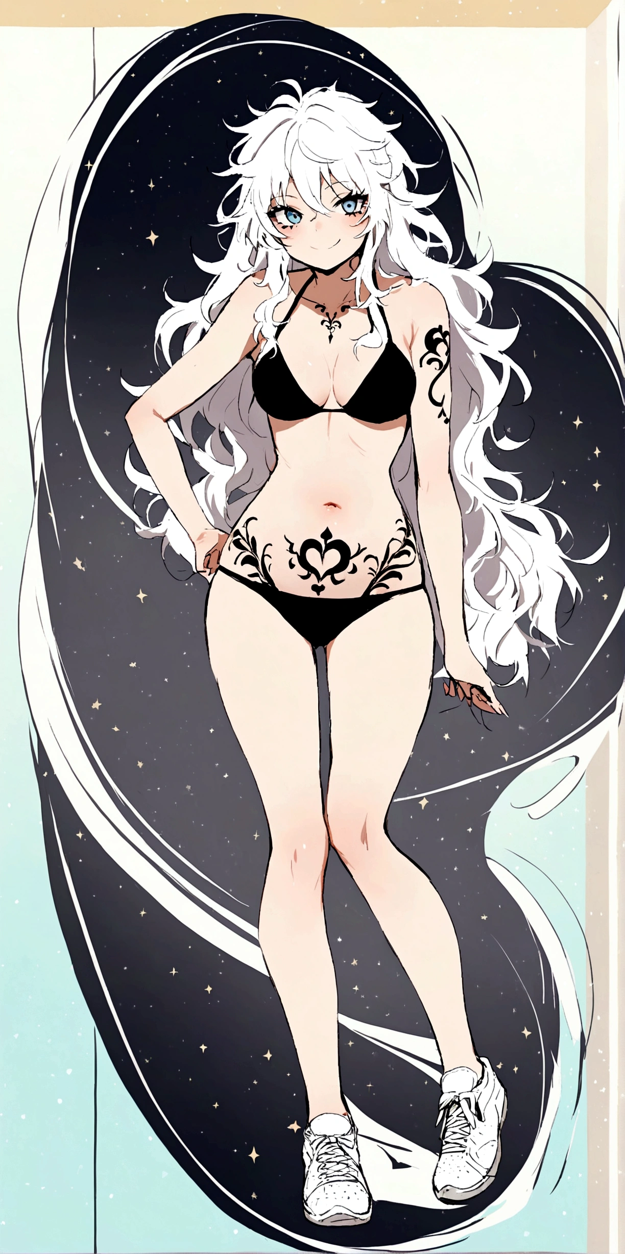 A girl in a black bikini, some white tennis shoes, straight and messy hair, piercing in your navel, a tattoo on her belly, straight and messy hair rosa, mischievous smile full body, well-shaped face, let it be your sexy body