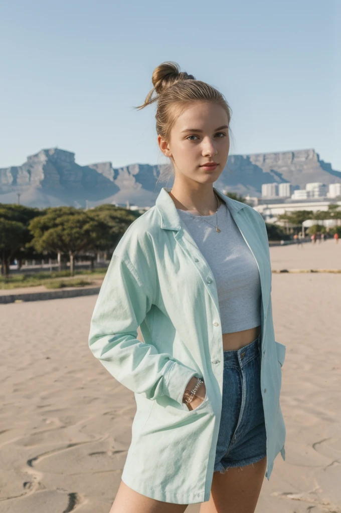 her name is An, high quality, 1girl, ((20-year-old fit Caucasian woman)), ((20 years old)), ((fit)), ((hair in a bun)), pose: standing, wearing unique pastel colored gen Z modern wear, BACKGROUND: From the vibrant city of Cape Town, where the imposing Table Mountain meets pristine beaches and diverse cultural experiences.