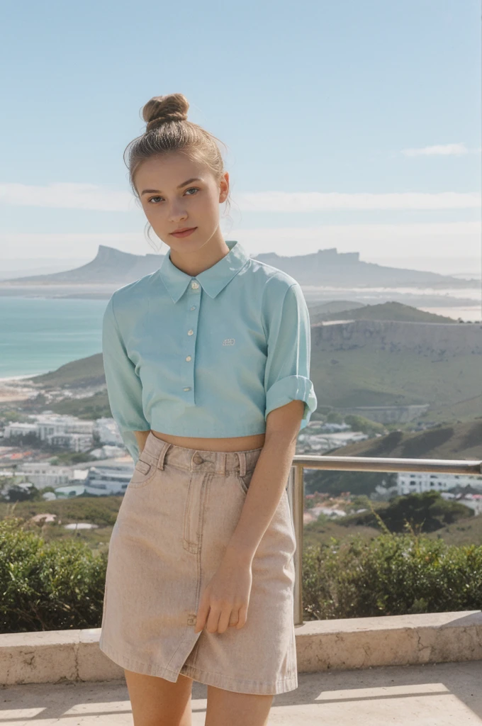 her name is An, high quality, 1girl, ((20-year-old fit Caucasian woman)), ((20 years old)), ((fit)), ((hair in a bun)), pose: standing, wearing unique pastel colored gen Z modern wear, BACKGROUND: From the vibrant city of Cape Town, where the imposing Table Mountain meets pristine beaches and diverse cultural experiences.