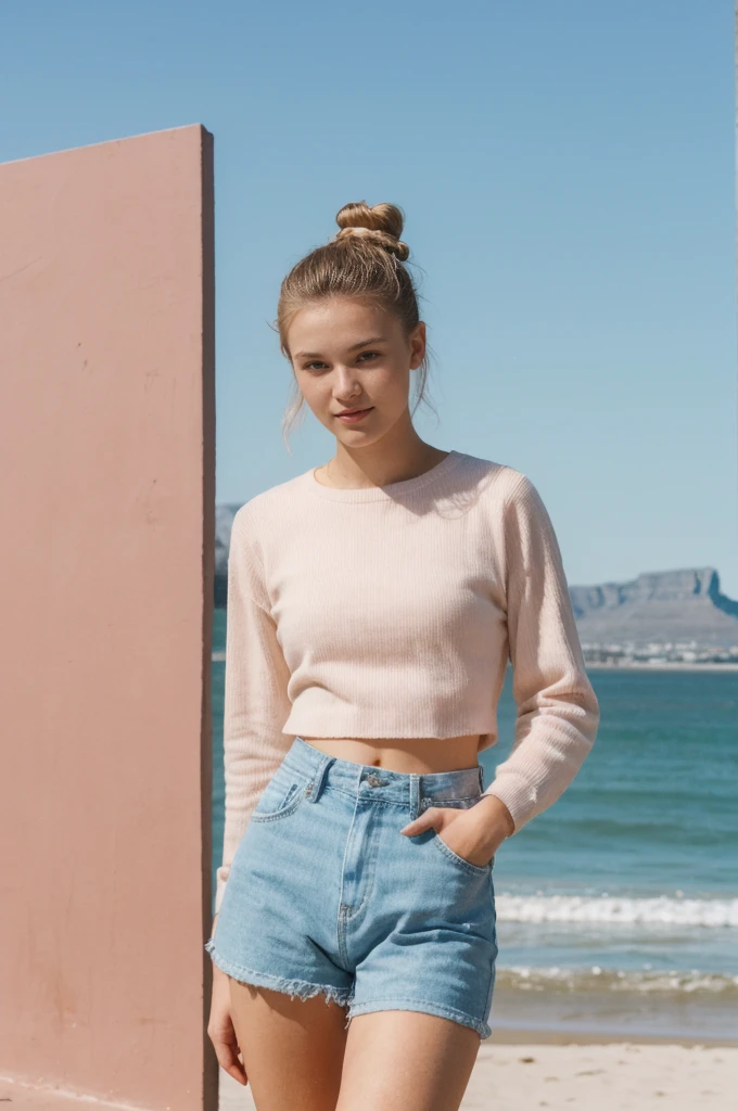 her name is An, high quality, 1girl, ((20-year-old fit Caucasian woman)), ((20 years old)), ((fit)), ((hair in a bun)), pose: standing, wearing unique pastel colored gen Z modern wear, BACKGROUND: From the vibrant city of Cape Town, where the imposing Table Mountain meets pristine beaches and diverse cultural experiences.