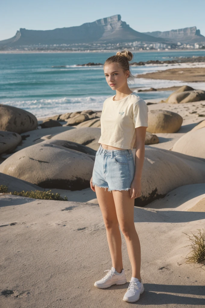 her name is An, high quality, 1girl, ((20-year-old fit Caucasian woman)), ((20 years old)), ((fit)), ((hair in a bun)), pose: standing, wearing unique pastel colored gen Z modern wear, BACKGROUND: From the vibrant city of Cape Town, where the imposing Table Mountain meets pristine beaches and diverse cultural experiences.