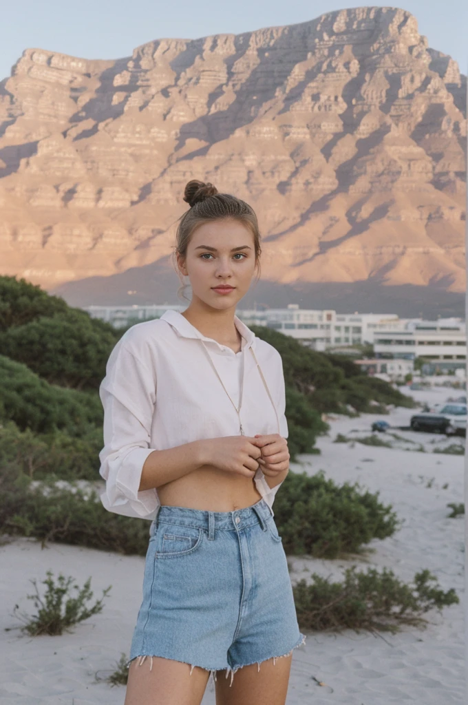 her name is An, high quality, 1girl, ((20-year-old fit Caucasian woman)), ((20 years old)), ((fit)), ((hair in a bun)), pose: standing, wearing unique pastel colored gen Z modern wear, BACKGROUND: From the vibrant city of Cape Town, where the imposing Table Mountain meets pristine beaches and diverse cultural experiences.