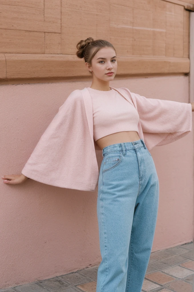 her name is An, high quality, 1girl, ((20-year-old fit Caucasian woman)), ((20 years old)), ((fit)), ((hair in a bun)), pose: standing, wearing unique pastel colored gen Z modern wear, BACKGROUND: From the vibrant city of Cape Town, where the imposing Table Mountain meets pristine beaches and diverse cultural experiences.