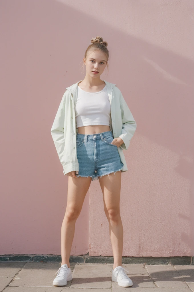 her name is An, high quality, 1girl, ((20-year-old fit Caucasian woman)), ((20 years old)), ((fit)), ((hair in a bun)), pose: standing, wearing unique pastel colored gen Z modern wear, BACKGROUND: From the vibrant city of Cape Town, where the imposing Table Mountain meets pristine beaches and diverse cultural experiences.