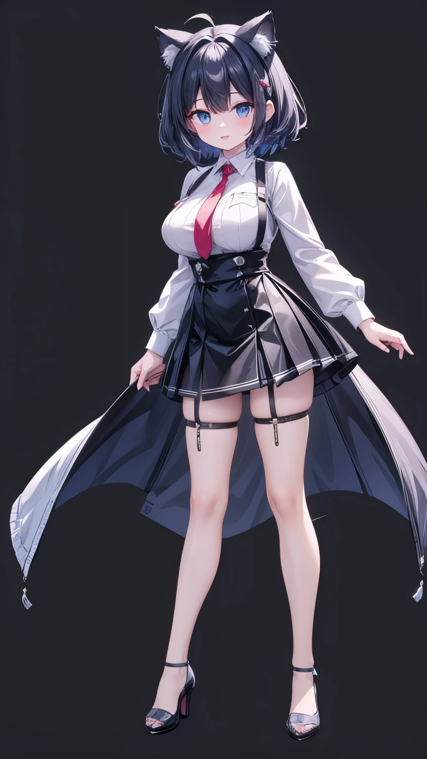 ((upright)), ((Arms at your sides)), Looking at the audience, Simple Background、White Background, 1 girl, Open your mouth, smile, Virtual YouTuber、With a girl、((Highest quality, expensive_solve, clear_image)),(Black Hair), (Black cat ears), (Ahoge), (Ridiculously short hair), (Wavy Hair),Red earring color (blue eyes),、Laughter、Very large breasts、whole body、I can see her cleavage、(wearing shoes on feet), (is wearing like the police dress shirt),((Suspender belts)),black necktie,holster,Pocket to hold a gun,((good girl)), detailed and beautiful eyes man, good looking,((an extremely delicate and beautiful)),make the eyes the same shape and color on both sides,Character Sheet,Character Reference Sheet, ((View from the front)) Symmetrical elements in clothing,