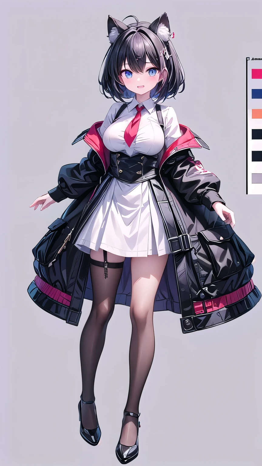 ((upright)), ((Arms at your sides)), Looking at the audience, Simple Background、White Background, 1 girl, Open your mouth, smile, Virtual YouTuber、With a girl、((Highest quality, expensive_solve, clear_image)),(Black Hair), (Black cat ears), (Ahoge), (Ridiculously short hair), (Wavy Hair),Red earring color (blue eyes),、Laughter、Very large breasts、whole body、I can see her cleavage、(wearing shoes on feet), (is wearing like the police dress shirt),((Suspender belts)),black necktie,holster,Pocket to hold a gun,((good girl)), detailed and beautiful eyes man, good looking,((an extremely delicate and beautiful)),make the eyes the same shape and color on both sides,Character Sheet,Character Reference Sheet, ((View from the front)) Symmetrical elements in clothing,