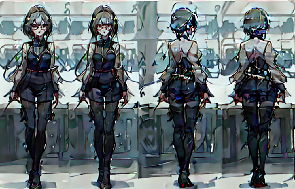 1人, , Reference Sheet, (Fantasy Character Design, Front, Back, Side) The image shows an elegant young woman with long blonde hair. He wears round-framed glasses and has a calm, confident expression.
She wears a white long-sleeved blouse, fitted to the torso with an elegant and professional design. The blouse has a V-shaped neckline that adds a sophisticated touch to your look.
She wears a black pencil skirt that reaches mid-calf, tight and classic cut, which highlights her slender figure. She wears a small necklace with a green pendant and round-framed glasses that give her an intellectual and professional appearance.
She wears black heels that complement her outfit, giving her an even more stylish look.
She holds a white bag in her right hand, adding an extra touch of elegance.
Expression Her expression is serene and confident, with a slight smile that denotes self-confidence. She stands with one hand on her hip and the other holding her bag, which conveys a confident and professional posture.
Altogether, the character projects an image of elegance, professionalism and confidence, suitable for an office or business environment