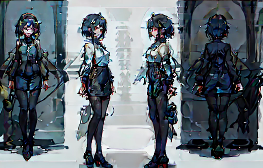 1人, , Reference Sheet, (Fantasy Character Design, Front, Back, Side) The image shows an elegant young woman with long blonde hair. He wears round-framed glasses and has a calm, confident expression.
She wears a white long-sleeved blouse, fitted to the torso with an elegant and professional design. The blouse has a V-shaped neckline that adds a sophisticated touch to your look.
She wears a black pencil skirt that reaches mid-calf, tight and classic cut, which highlights her slender figure. She wears a small necklace with a green pendant and round-framed glasses that give her an intellectual and professional appearance.
She wears black heels that complement her outfit, giving her an even more stylish look.
She holds a white bag in her right hand, adding an extra touch of elegance.
Expression Her expression is serene and confident, with a slight smile that denotes self-confidence. She stands with one hand on her hip and the other holding her bag, which conveys a confident and professional posture.
Altogether, the character projects an image of elegance, professionalism and confidence, suitable for an office or business environment