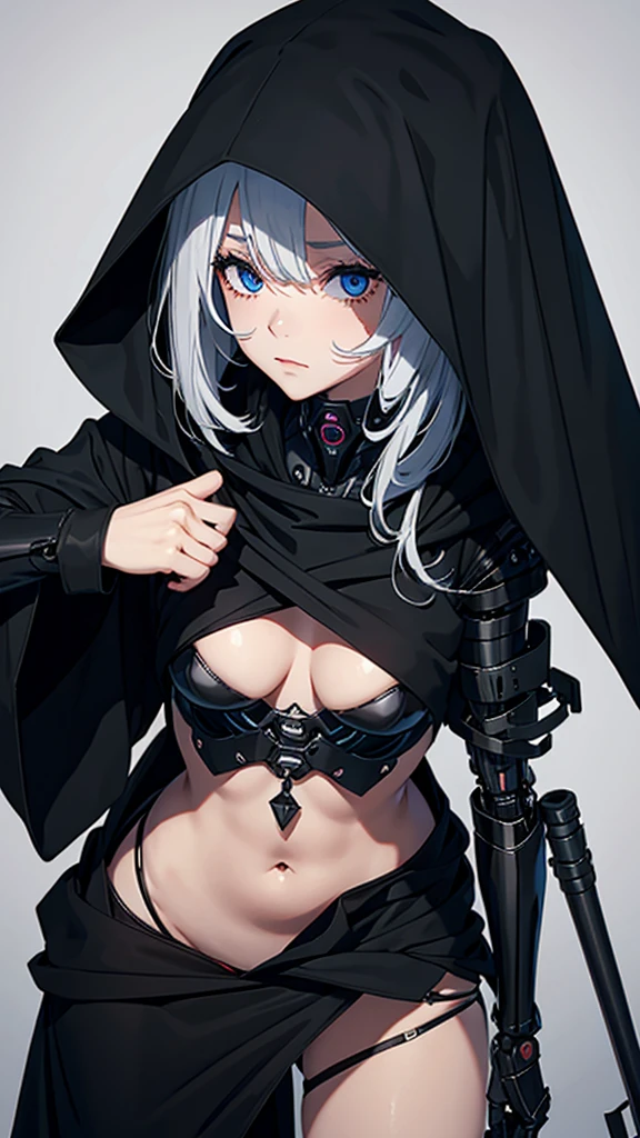 Robotic female grim reaper in black cloak