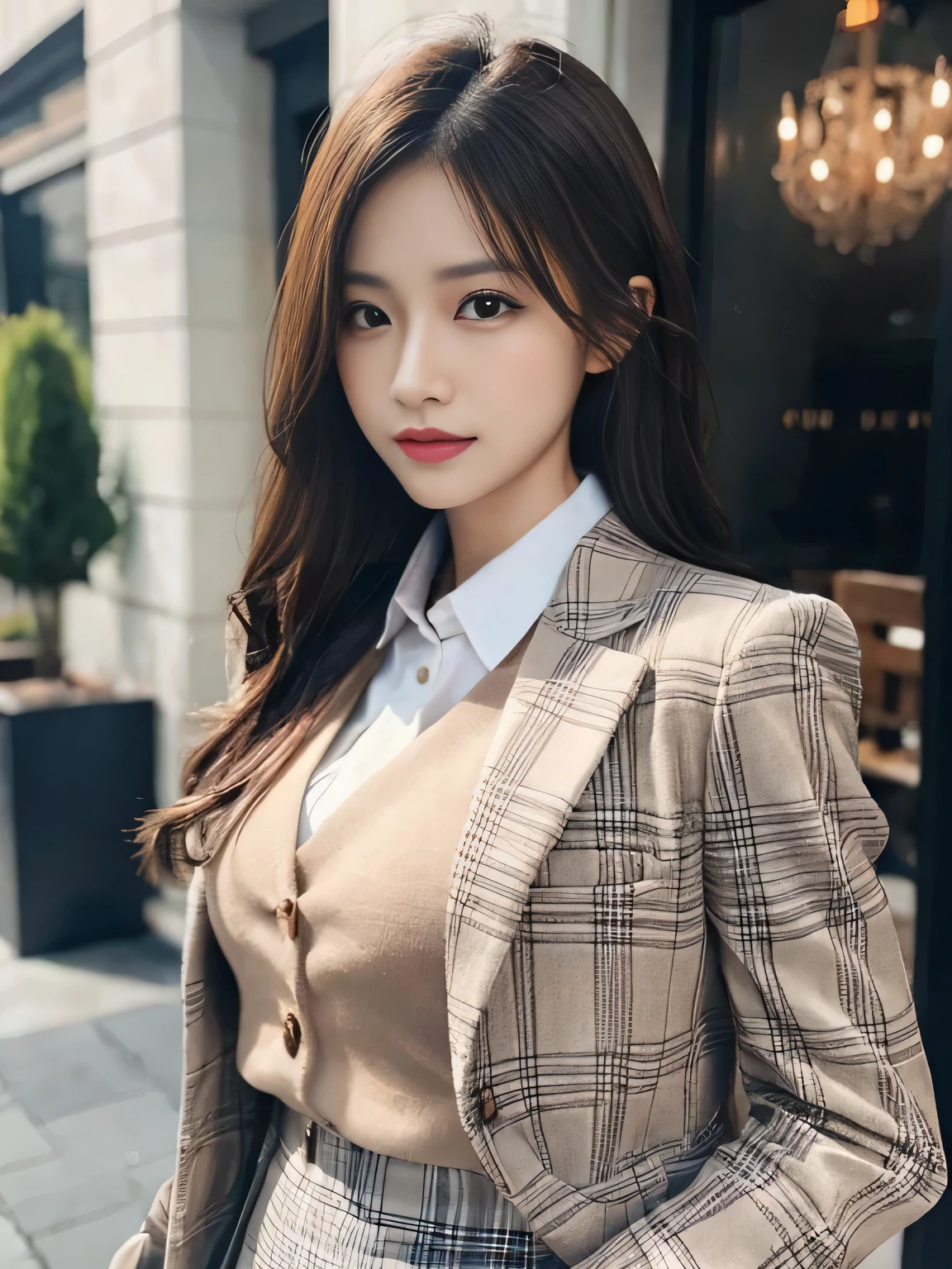Tabletop, Highest quality, Realistic, Super detailed, In detail, High resolution, 8k wallpaper, One beautiful woman, Light brown messy hair, Wearing a chic checked business suit and skirt, Sharp focus, Perfect dynamic composition, Beautiful attention to detail, Fine hair, Detailed and realistic skin texture, smile, Close-up portrait, Model Body Type,