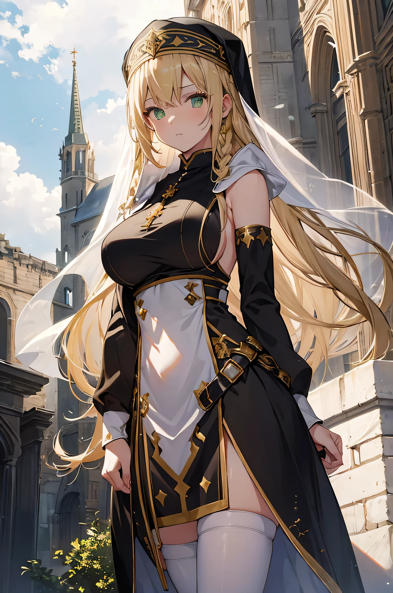 4K,High resolution,One Woman,Blonde,long hair,Braid,Green Eyes,Big Breasts,Nuns,White sacred armor,Sideboob,White boots,White Veil,Black tights,Jewelry decoration,Gold decoration,Long sword,Medieval town,In front of the church,Daytime Sky