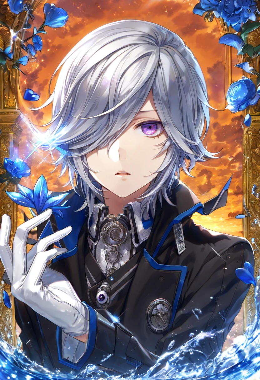 absurdres, highres, ultra detailed, HDR, master piece, best quality, extremely detailed, Hotsuin Yamato, silver hair, messy straight hair, hair over the right eye, expressive purple eyes, Devil Survivor 2, solo, sexy man, handsome, black heavy trench coat, white gloves, magical, fantasy, glittering, sparkling, glass, blue flowers, blue petals, water, blue moon