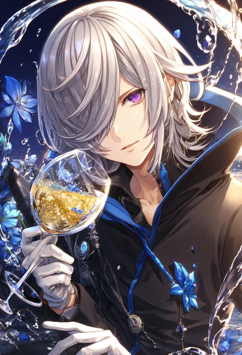 absurdres, highres, ultra detailed, HDR, master piece, best quality, extremely detailed, Hotsuin Yamato, silver hair, messy straight hair, hair over the right eye, expressive purple eyes, Devil Survivor 2, solo, sexy man, handsome, black heavy trench coat, white gloves, magical, fantasy, glittering, sparkling, glass, blue flowers, blue petals, water, blue moon