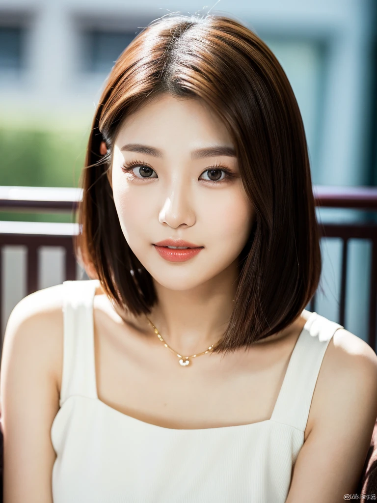 Kwon Eun-bi is a young Korean woman in her 26s. She hair is chanel-cut in a coppery red  colors. 
She face is slightly shorter than it is long, which carry a warm , expressive face. Her skin is radiant and clear, presenting an impeccable state of health and her curved lips. 
Large, brown eyes are expressive and captivating. 
She height is medium, her natural body and defined made up of proportional curves. with the most charming and provocative. It matches their personalities. 
She wears a simple white dress, In the background, the night glows and from the balcony of an apartment she watches the moon. 
