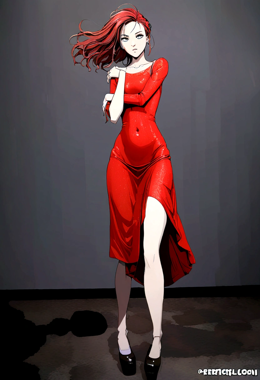 Hot redhead in tight skinny red dress lustful