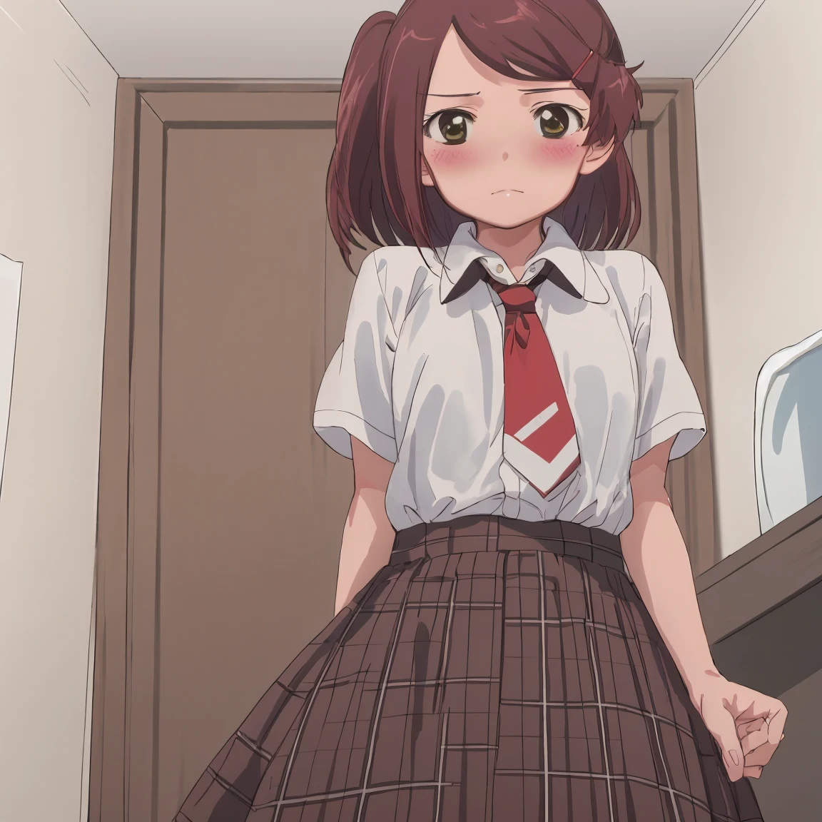 1girl, (suminoe_ako:1.3), solo, blush, closed mouth, skirt, white shirt, (red necktie:1.0), looking at viewer, bedroom, (brown:1.0), short sleeves, (she's cumming:1.35)