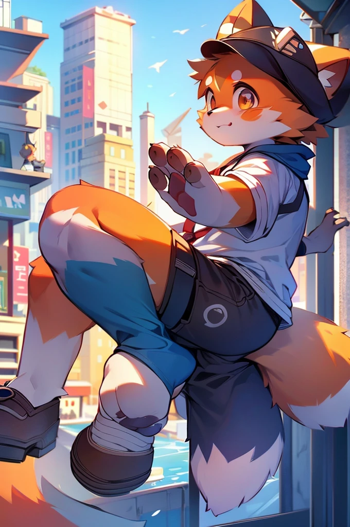 Male Red Panda,Sailor suit,Urban townscape,