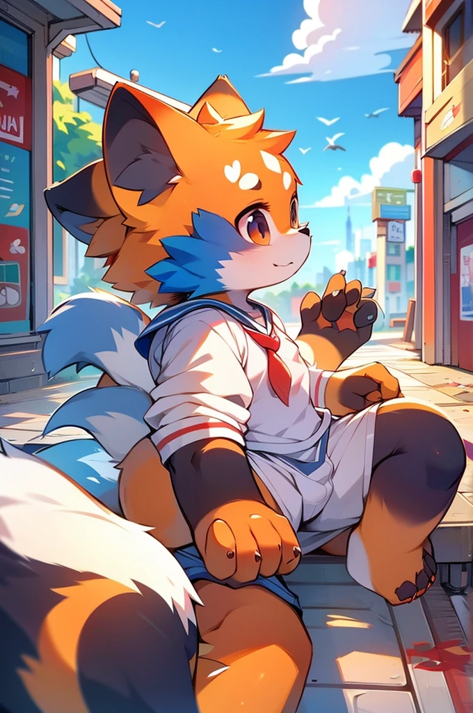 Male Red Panda,Sailor suit,Urban townscape,