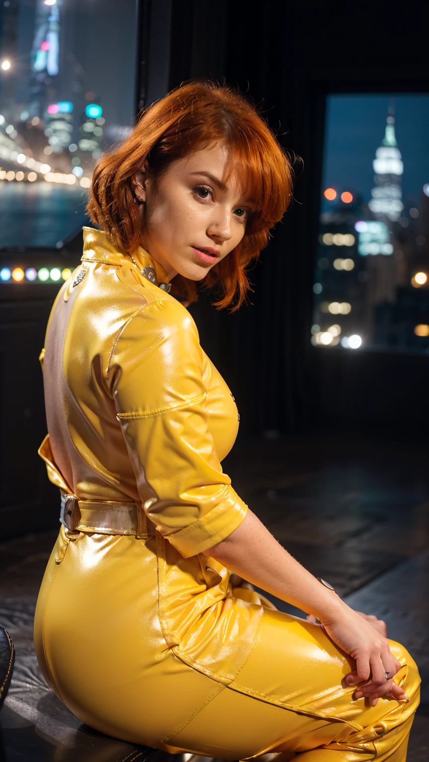 (masterpiece), (best quality), (solo character), (photorealistic:1.4), (medium breasts), (chr1sh3n wearing white belt), (apriloneil costume, jumpsuit), (yellow latex jumpsuit), (apriloneil hairstyle), (apriloneil white belt), (apriloneil boots), (aprilonei wearing watch), (epiCRealLife), (lora:epiCFlashPhoto), (red hair), (red lipstick), (brown eyes), (young woman), (flashphoto), (night time), (new york city view), (traffic light), (look at viewers), (pose for pictures), (in a tv broadcasting studio), (sit on news anchor chair), (indoor)