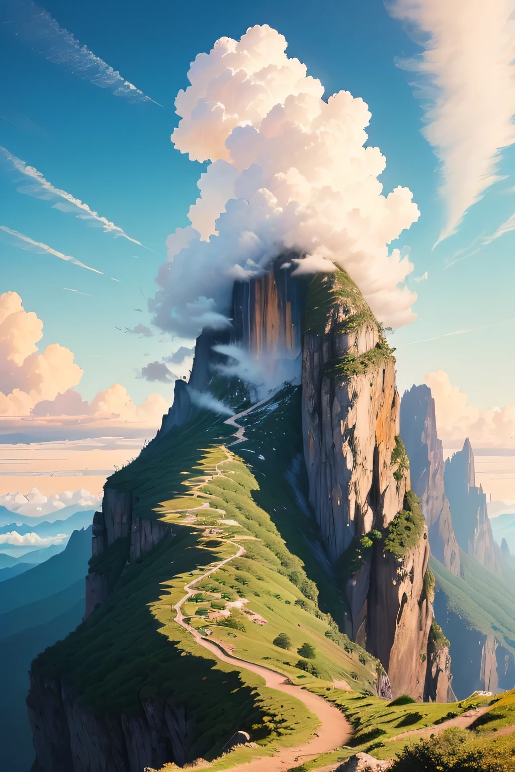 ((best qualityer)), ((work of art)), (detailded), a landscape similar to Pico da Bandeira full of clouds , It&#39;s the sunset 
