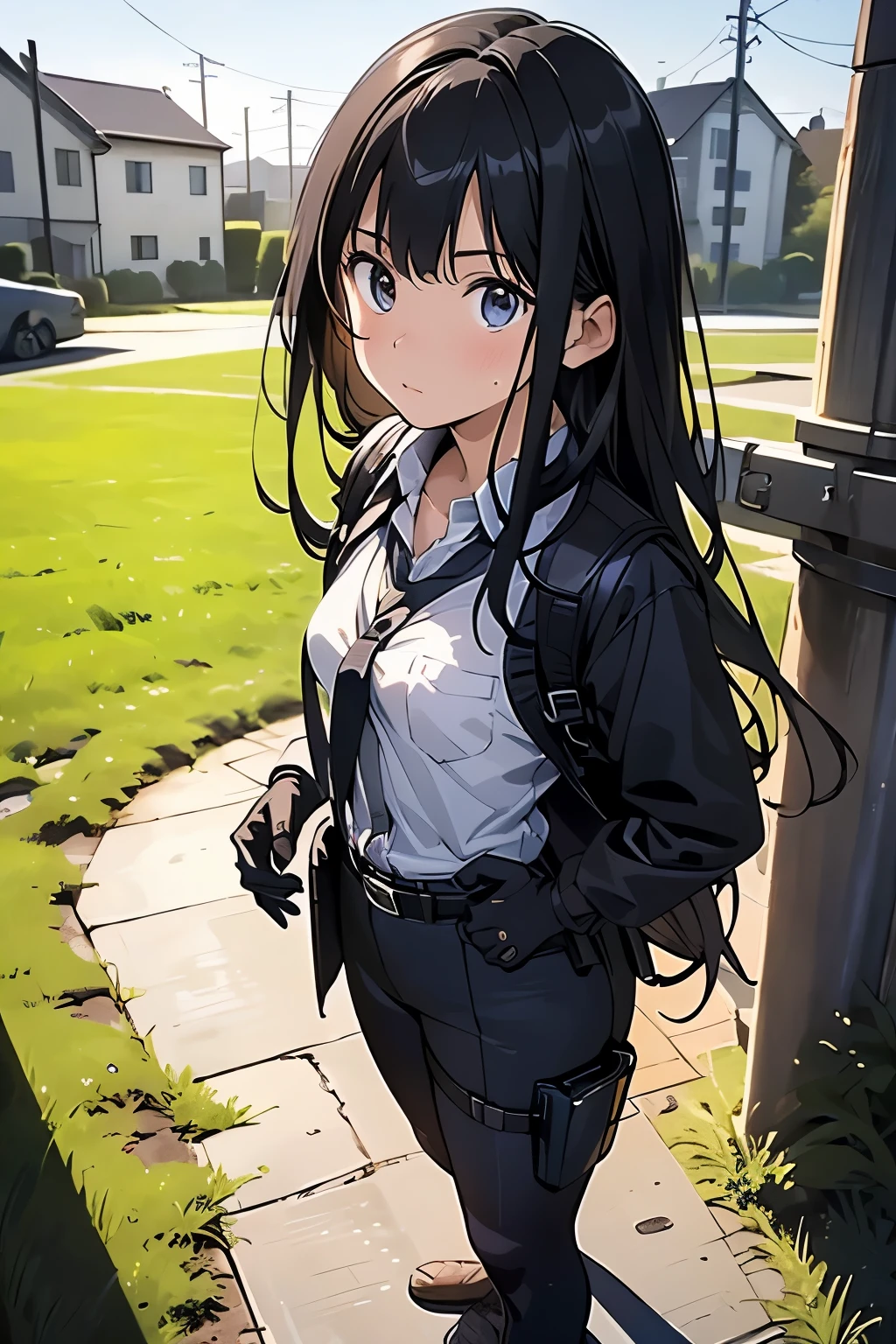 high quality, masterpiece, Ultra-high resolution, (realism: 1.4), Oil painting style, Cinema Lighting, An endless grassland dotted with a few houses, I stood on the empty asphalt road and looked at it., Fairy Mountain々was shrouded in mist, And the suspenders with the cranes flying　　　Moderate breasts　 　 　　　　Small face　 　　　holster　　　　　　　 Lying in bed　Looking up　　　　Sweat 　　　belt　summer　脇Sweat 　Black Hole Gloves　suit　shirt　　Black jacket　 Black trousers　Leg Links　ズボンにbelt　　holster　 　　Hands behind your back　 Anxious expression　Looking up　Anxious face