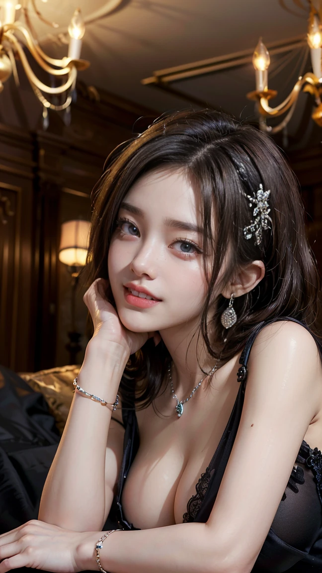 (Masterpiece, BestQuality:1.3), (ultra detailed:1.2), (hyperrealistic:1.3), (RAW photo:1.2),High detail RAW color photo, professional photograph, (Photorealistic:1.4), (realistic:1.4), ,professional lighting, (japanese), beautiful face, (realistic face), cute woman, (Brown Hair, Big Breasts:1.5), (cheerful Smile:1.5), Trending Hair&Trending Hairカラーをランダムに, earrings, necklace, bracelet, sexly, erotic sexly, Random sexy gravure poses, (((black silk gown、Rooms with chandeliers、Provocative smile、Lying on the sofa:1.2), Beautiful location, (Detailed Background), Random composition)