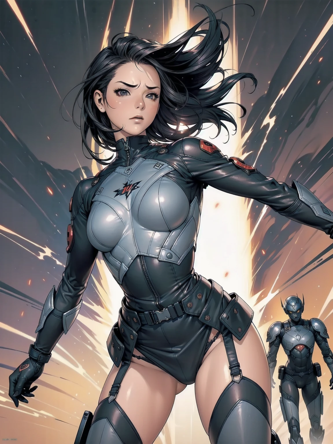 (((Woman))), (((best qualityer))), (((​masterpiece))), (((grown-up))), (((1 girl))), ((( Bblack hair ))), (((plaid pattern))), (((texturas))), (((ink spatter))), (((grain))), Girl in combat gear in the middle of a war against cybernetic beings, short clothes, armed with futuristic revolvers, angry expression, warm colours, long hair with bangs, costume with geometric patterns and wear textures, gorgeous face, wind giving hair movement, in the background explosions, lightning and destruction, robotic fierce enemies, clean  face, tiny leather panties, jacket with intricate textures, almost naked in Simon Bisley&#39;s wild urban style for the cover of Heavy Metal magazine, Spectacular colorful graphics, Minimal clothing, outfit with checkered sleeves in red and white, (((from the knee up))), ((( short black hair ))), Ao fundo, a wall painted with an intricate design, (((self-contrast of the character with the background))), Two-tone lighting, film grain