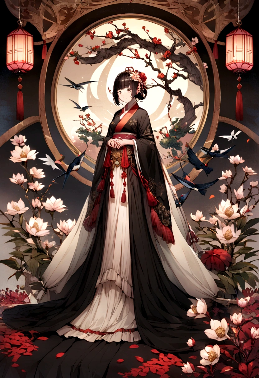 equinox,Magnolia flower,swallow,traditional chinese architecture,A woman standing next to a Hanfu flower,people々Scenery of、takato yamamoto