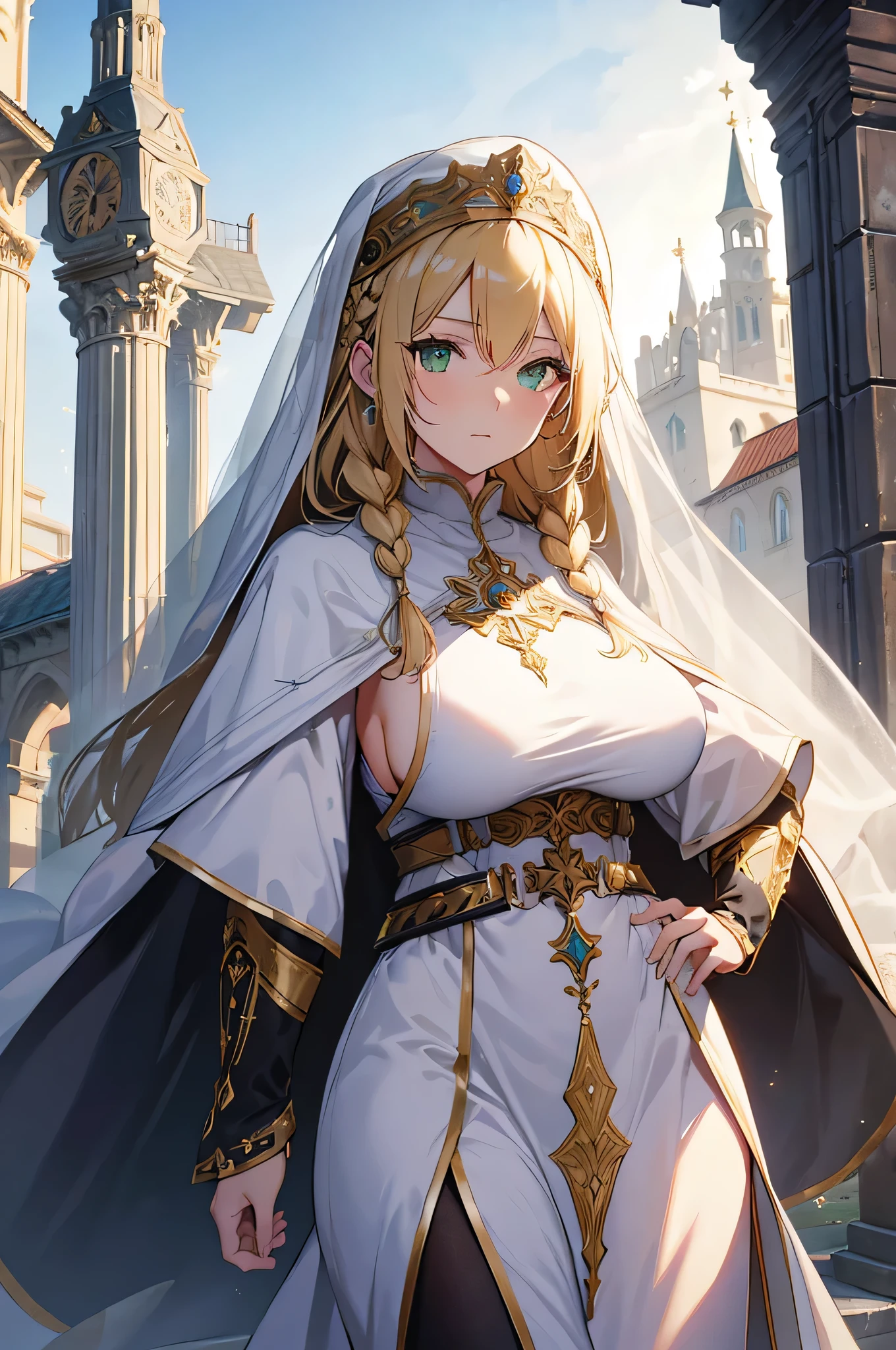 4K,High resolution,One Woman,Blonde,long hair,Braid,Green Eyes,Big Breasts,Nuns,White sacred armor,Sideboob,White boots,White Veil,Black tights,Jewelry decoration,Gold decoration,Long sword,Medieval town,In front of the church,Daytime Sky