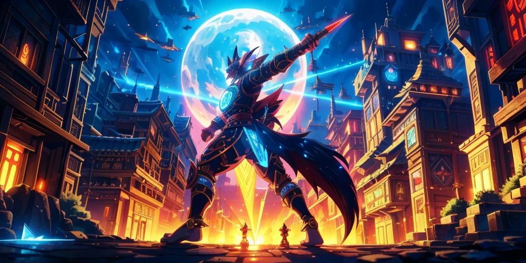 Ancient anime style, artbook, comicbook, RPG, futuristic medieval.  Goblin fox warrior, dark red skin, with human face with light red glowing tribal magical tattoos, goblin base with fox features, neon details, with technological tribal armor with glowing magical markings, full body, bare feet, spear with magical markings shiny.  Epic scene, wide and deep scenery, with several depth planes, stylish and dynamic pose.  In the middle of a magical steampunk technological village, mixing technology and vegetation, buildings with neon details and glowing magical vegetation, magical technological airships with shiny details inspired by ships flying in the sky.