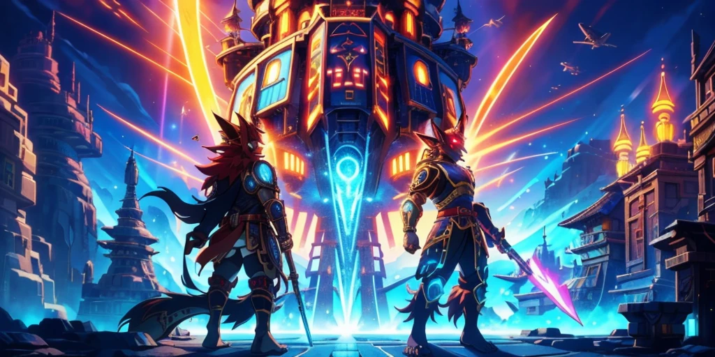 Ancient anime style, artbook, comicbook, RPG, futuristic medieval. Goblin fox warrior, dark red skin, with human face with light red glowing tribal magical tattoos, goblin base with fox features, neon details, with technological tribal armor with glowing magical markings, full body, bare feet, spear with magical markings shiny. Epic scene, wide and deep scenery, with several depth planes, stylish and dynamic pose. In the middle of a magical steampunk technological village, mixing technology and vegetation, buildings with neon details and glowing magical vegetation, magical technological airships with shiny details inspired by ships flying in the sky.