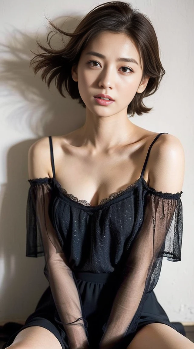 Dark brown hair、Light brown eyes、Japanese actress、 Lady、I am about 40 years old....、(Intricate details:1.2)、(Which is the top????:1.4)、 (Ultra-high resolution:1.2)、Ultra-high resolution、(Finely tuned)、(Detailed facial features)、Hmph、8K resolution、D cup size breasts、Long Hair、Updostyle, Updo、Hair Bun、1 Girl, Deep sorrowの表情, (Very detailed美しい顔), (camisole:1.5), (Bare shoulders:1.3), (Highest quality:1.4), (Very detailed)、Beautiful fair skin with transparency, Are sleeping、Sleeping on the floor、Top View、 Spread your legs wide, Please open your mouth a little、Her legs are visible through the dress、Deep sorrow、Pose of Weakness、Obscene pose、White floor、White wall、The morning sun shines in、Sleep on your side。