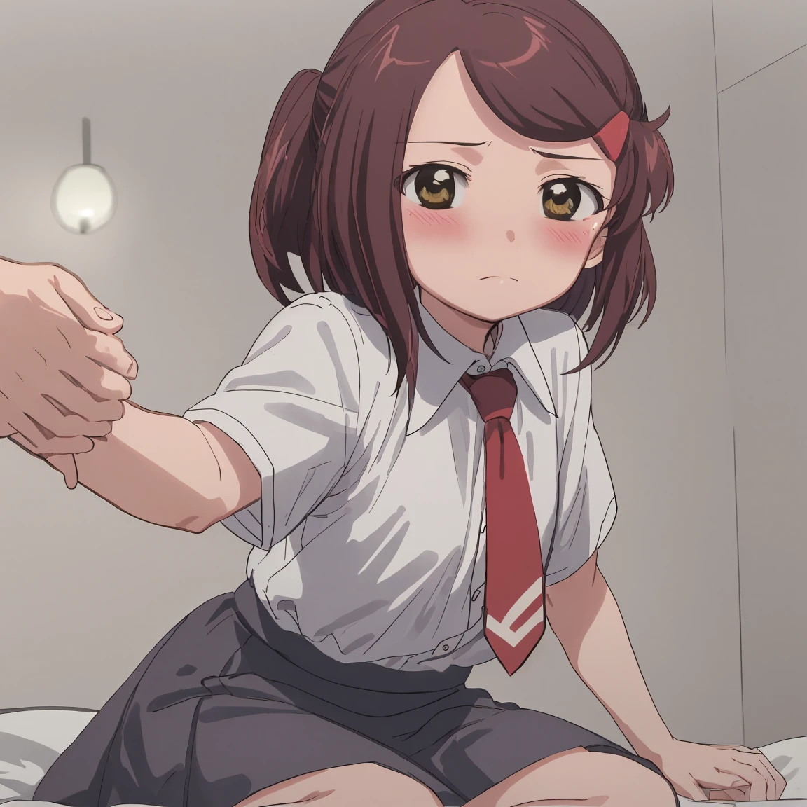 1girl, (suminoe_ako:1.3), solo, blush, closed mouth, skirt, white shirt, (red necktie:1.0), looking at viewer, bedroom, (on bed:1.35), (brown:1.0), short sleeves, (she's cumming:1.5)