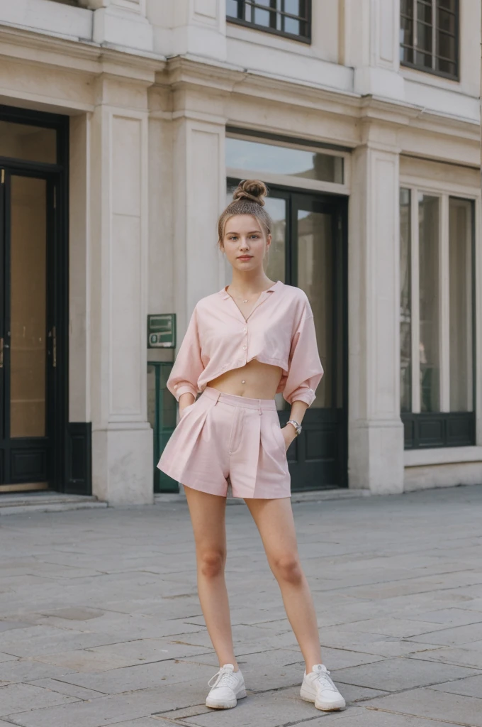 her name is An, high quality, 1girl, ((20-year-old fit Caucasian woman)), ((20 years old)), ((fit)), ((hair in a bun)), pose: standing, wearing unique pastel colored gen Z modern wear, BACKGROUND: Grew up in the cultural heart of Vienna, surrounded by imperial palaces, classical music venues, and charming coffeehouses.