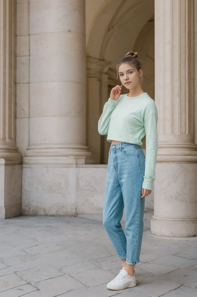 her name is An, high quality, 1girl, ((20-year-old fit Caucasian woman)), ((20 years old)), ((fit)), ((hair in a bun)), pose: standing, wearing unique pastel colored gen Z modern wear, BACKGROUND: Grew up in the cultural heart of Vienna, surrounded by imperial palaces, classical music venues, and charming coffeehouses.