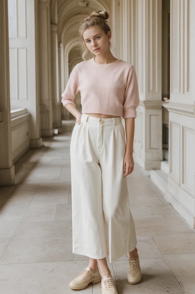 her name is An, high quality, 1girl, ((20-year-old fit Caucasian woman)), ((20 years old)), ((fit)), ((hair in a bun)), pose: standing, wearing unique pastel colored gen Z modern wear, BACKGROUND: Grew up in the cultural heart of Vienna, surrounded by imperial palaces, classical music venues, and charming coffeehouses.