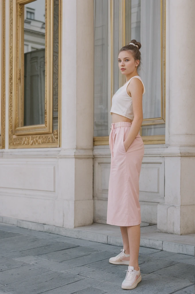 her name is An, high quality, 1girl, ((20-year-old fit Caucasian woman)), ((20 years old)), ((fit)), ((hair in a bun)), pose: standing, wearing unique pastel colored gen Z modern wear, BACKGROUND: Grew up in the cultural heart of Vienna, surrounded by imperial palaces, classical music venues, and charming coffeehouses.