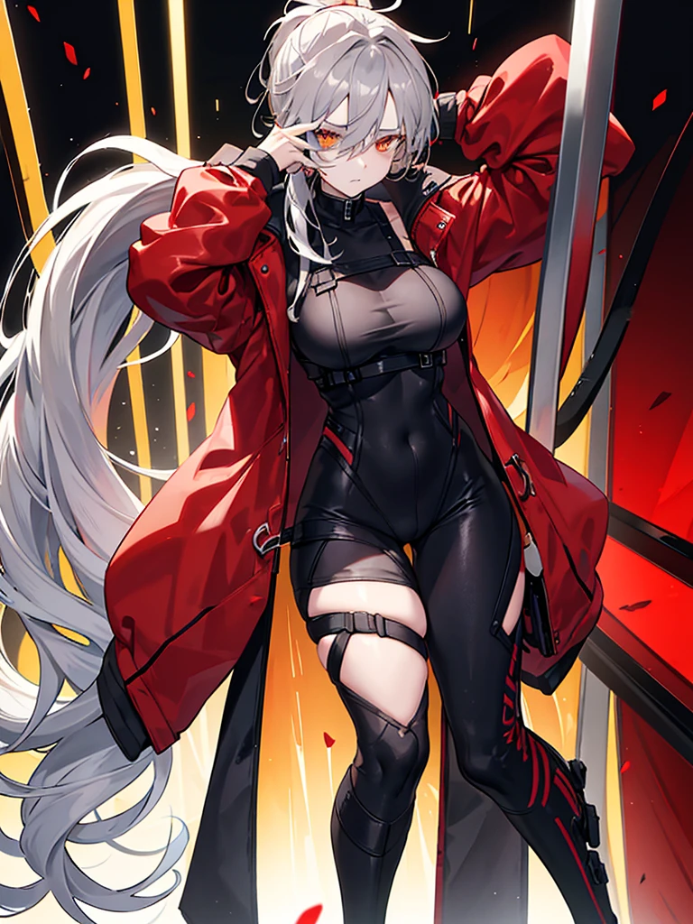 Tall, slim, She has long grey hair tied back in an enormous, messy ponytail that reaches down to her thighs, some of her hair is covering one of her eyes, she wears a red jacket, wearing a black full-body suit, golden eyes