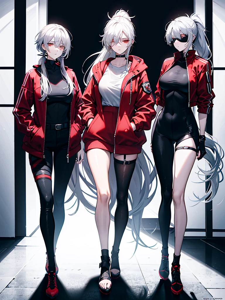 Tall, slim, She has long grey hair tied back in an enormous, messy ponytail that reaches down to her thighs, some of her hair is covering one of her eyes, she wears a red jacket, wearing a black full-body suit, golden eyes