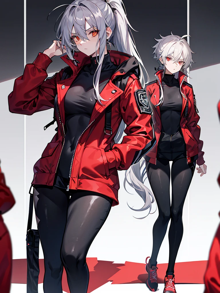 Tall, slim, She has long grey hair tied back in an enormous, messy ponytail that reaches down to her thighs, some of her hair is covering one of her eyes, she wears a red jacket, wearing a black full-body suit, golden eyes