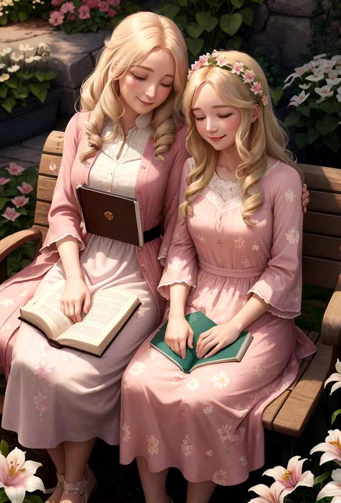 Lily's beautiful mother, Anna, joins her on the bench. Anna has long, wavy blond hair and wears a pink dress with a floral pattern. She looks lovingly at Lily, who glances up from her book with a smile. The bond between them is evident as they share a moment of quiet joy. The sun shines brightly, and the garden is in full bloom.