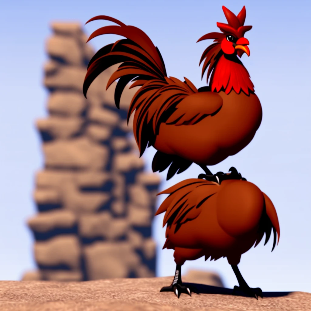 a highly detailed brownish-red wanted mexican rooster with gun and bullet straps in the barren mexcican desert