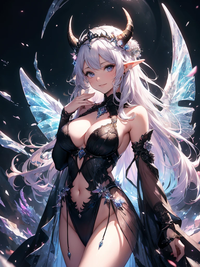 最高quality、1 woman elf、Succubus、(( cowboy shot ))、beautiful瞳、beautiful装飾のパンティ、Devil decoration on head、Ice tiara、beautiful装飾のヘルメット、Ice Sword、最高quality , fractal art.Ice Throne、Ice Palace、bikini、beautiful大きなお尻、 ((Laugh beautifully and lovingly、))((see-through underwear ))SMqueen、beautiful横顔、Orgasm、Ecstasy、Devil's World、ice World、Bigger on the front、 beautiful輝き,High-definition depiction, Realistic, 8K, Unity, beautiful太もも,,Giant Devil's Wings、虹colorに輝く翼、、 light smile, Beautifully and vividly drawn, , beautiful beautiful透き通る肌、輝くbeautiful装飾の魔法、Giant horns、 demon king、、beautiful装飾の角、 , beautiful、 Romanticism,mosquito。 混沌の最もbeautiful形, Mr..々 Intertwined flowers, P article,Magical gentle light,smile,,image quality、masterpiece、beautiful顔、Super beautiful elf woman((Big breasted 22 year old office lady、Bust 120,Beautiful long ironed hair、Silver Hair、height: 165cm。、Esbian、、高quality、、Visual Arts、最high quality、1 woman elf NP: Worst quality ,beautiful fractal art Marble pillar、、、light、Beautiful radiance,High-definition depiction, Realistic, 8K, Unity, , light smile, Beautifully and vividly drawn, , Beautiful, beautiful, clear skin、 ((see-through BLACK dress,))Countless rays of light pouring down, Swirling Light, big background, , Intense light is emitted from the magic circle in front of the girl. Romanticism,Cowboy Shot: quality