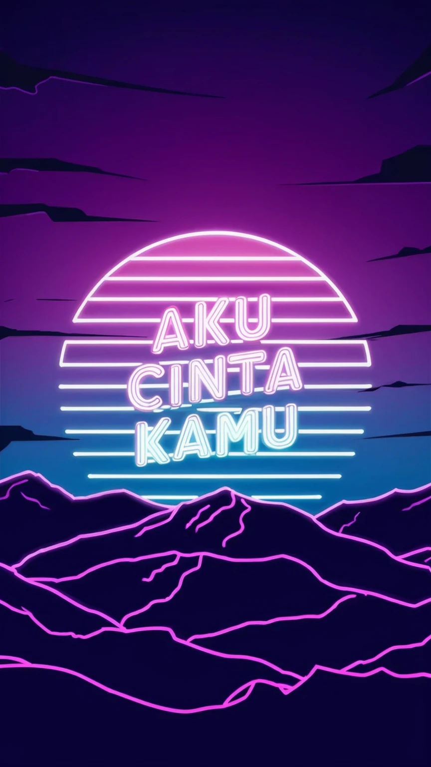 close up of purple and blue sunset over the mountains, in the middle write the text "AKU CINTA KEPADAMU" and don't leave the text outside the circle, the font is really cool. vaporwave lighting style, vaporwave wallpaper environment, neon synth wave, vaporwave sunrise background, neon landscape, retro wave vibes, retro wave vibes, retro pink synthwave style, synthwave hearts and stars background, aesthetic synthwave, 4k synthwave art style, neon, illustration, typography, poster