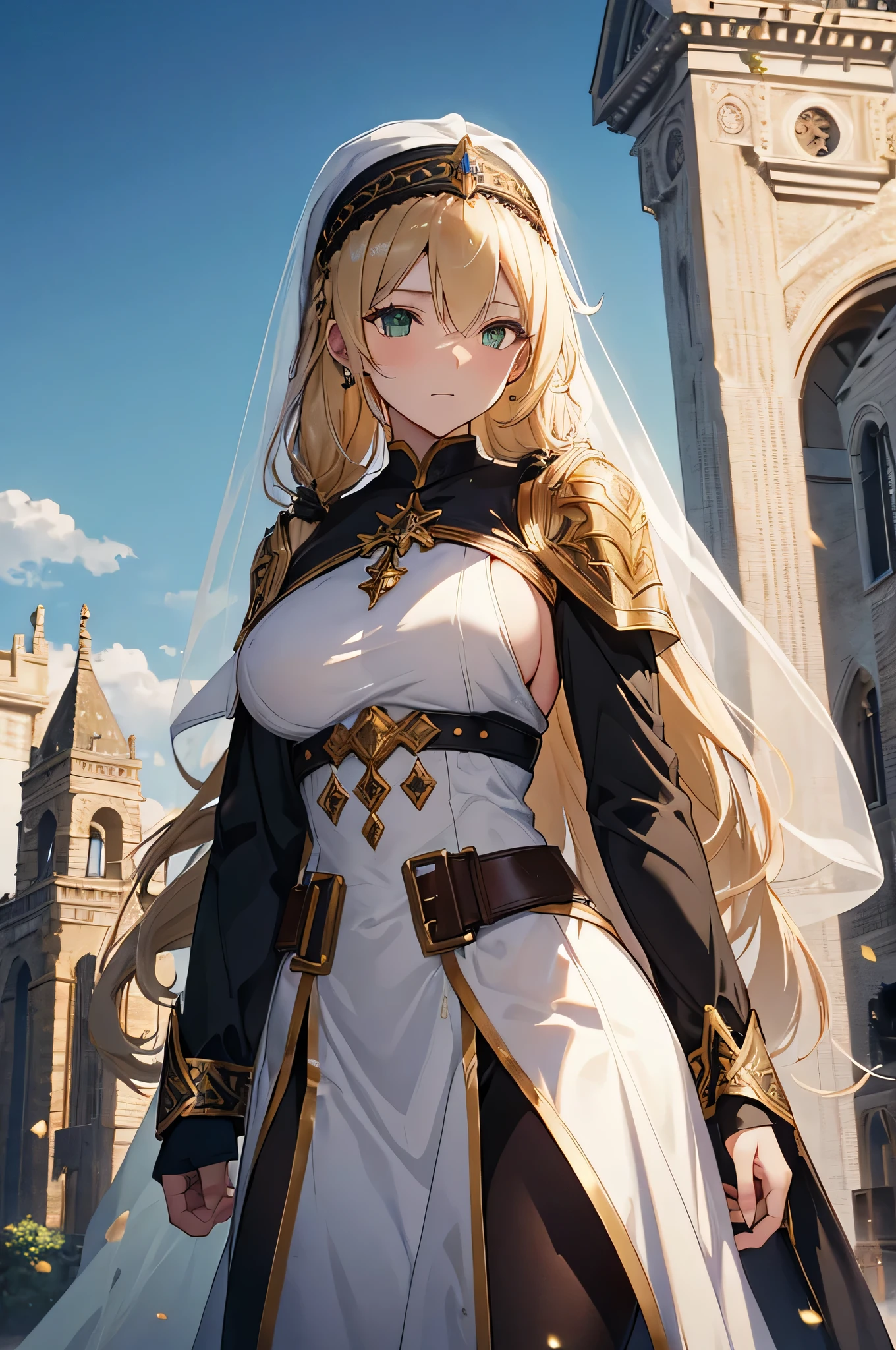 4K,High resolution,One Woman,Blonde,long hair,Braid,Green Eyes,Big Breasts,Nuns,White sacred armor,Sideboob,White boots,White Veil,Black tights,Jewelry decoration,Gold decoration,Long sword,Medieval town,In front of the church,Daytime Sky