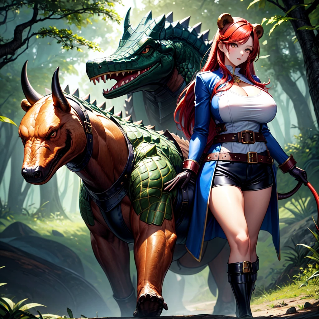 young Korean woman with golden eyes and a tail of lush red hair, big red horn, tanned bronze skin, huge chest, dressed in a blue coat with rolled up sleeves, a steel breastplate, a wide leather belt, leather shorts, leather gloves, rides a powerful mutant half crocodile half bear in armor on background of a dense forest, dark fantasy,