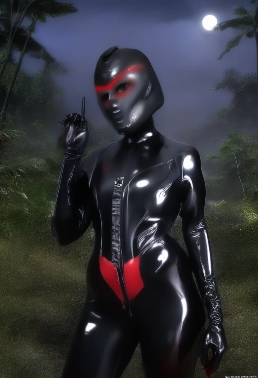 zPDXL, source_anime, BREAK slave Trilla, helmet with red translucent visor, , armor, black silver gloves,((tight silver bodysuit)),,((silver black pants)), BREAK close-up, solo, standing, front view, medium breasts, , wide hips, BREAK x3dce, 3d, jungle background, dense vegetation, rain, night, night sky,