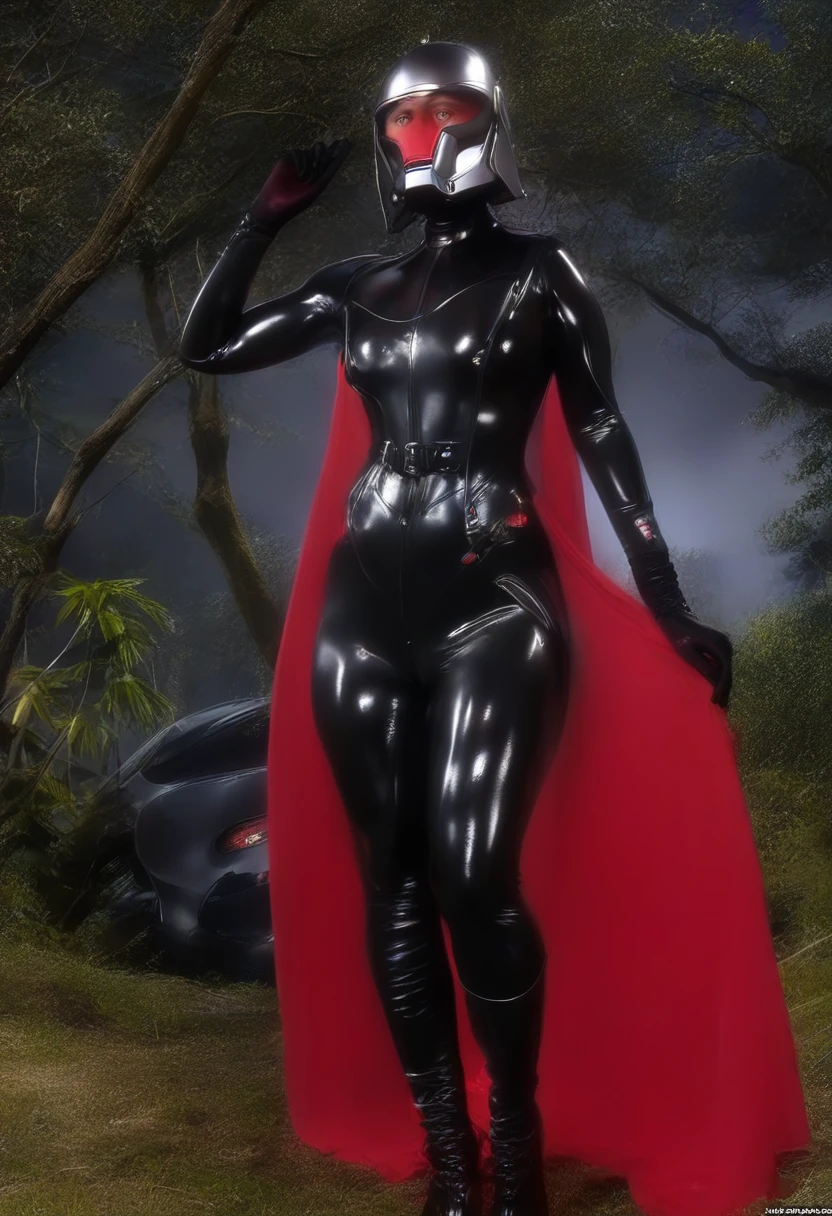 zPDXL, source_anime, BREAK slave Trilla, helmet with red translucent visor, , armor, black silver gloves,((tight silver bodysuit)),,((silver black  pants)), BREAK close-up, solo, standing, front view, medium breasts, , wide hips, BREAK x3dce, 3d, jungle background, dense vegetation, rain, night, night sky,
