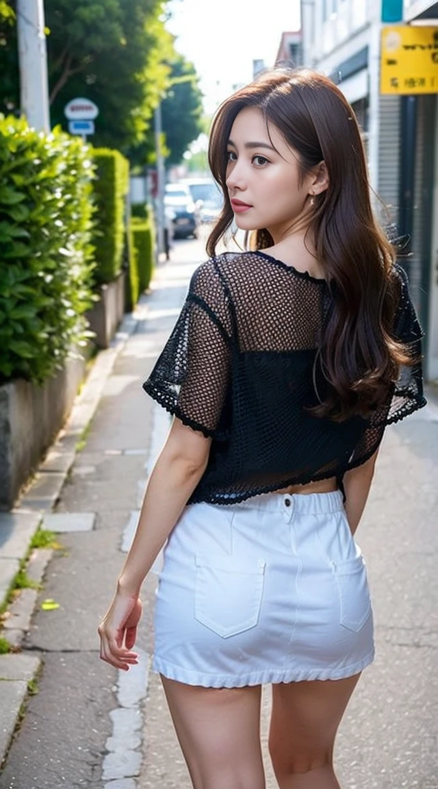 Dark brown hair、Light brown eyes、Japanese actress、Lady、I am about 40 years old..、(Private NTR Private Category Detail Private L:1.2)、(top-qual私ty:1.4)、 (Ultra-high resolution:1.2)、Ultra-high resolution、(Eye for detail)、(Detailed facial features)、Hmph、8K resolut私on、D cup breasts、Long Hair、Back view of a person walking on the street、Walking along the seaside streets、camisole、I can see the skin on my hips、white mini skirt、Beautiful and shiny hair、Beautiful ass、Beautiful feet、fashionable, Attention to detail, Very detailed, Realistic, Obscene pose,、